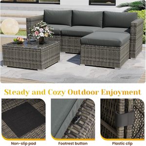 Set di Mobili <span class=keywords><strong>da</strong></span> Esterno in Rattan PE Resistente alle Intemperie con Cuscini Rimovibili, Divano a L e Tavolo in Vetro per Cortile e Terrazza - Product Image 3