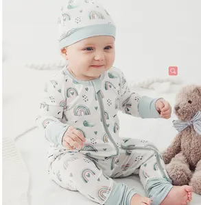 Hongbo 사용자 정의 디자인 대나무 스판덱스 아기 Footie Romper 신생아 긴 소매 일반 아기 유기농 코튼 아기 잠옷 옷