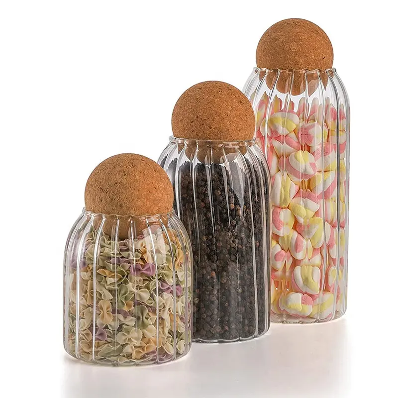 装飾的な食品オーガナイザーボトルキャニスタージャーガラスリブ垂直ストライプガラス収納ジャー、キッチン用コルクボール蓋付き