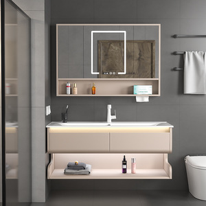 Wholesale Modern Luxury Cream Grey Wood Lacquer Bathroom Vanity Sets with Ceramic Basin Smart Mirror Wall-Mounted - Product Image 5