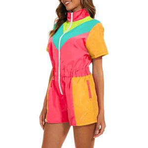 Combinaison coupe-vent une pièce color block pour femme, néon, manches courtes, fermeture éclair sur le devant, taille élastique, séchage rapide, tenue de soirée - Product Image 2