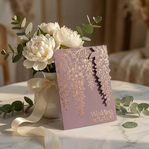 Cartes d'invitation <span class=keywords><strong>de</strong></span> mariage personnalisées découpées sur mesure, motif glycine, violet poudré, feuille d'or rose, suite florale, vente en gros OEM - Product Image 1