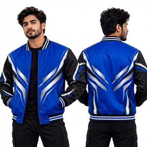Chaqueta Varsity Azul para Hombre con Bloques de Color, Chaqueta Bomber Deportiva con Cuello Alto y Botones a Presión - Product Image 6