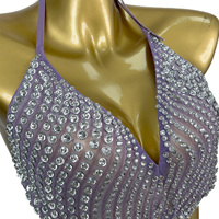 Robe mini de soirée pour femme, à découpes, ornée de strass et de pompons violets, dos nu, style licou, pour cocktail, performance DJ et tenue de danse