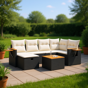 Ensemble de canapés de jardin blanc crème 6 places en rotin, mobilier d'extérieur avec coussins, design contemporain, style bois de teck - Product Image 2