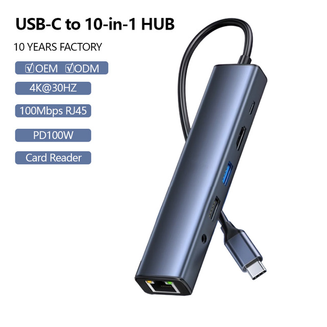 10-In-1 USB C Hub to HDTV 4K Gigabit Ethernet RJ45 SD TF PD 100W Aluminum Alloy Multiport Adapter for MacBook Pro in Stock