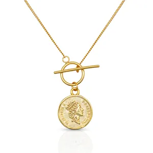 Collar con colgante de moneda de diseño antiguo, medallón chapado en oro de Plata de Ley 925 con barra en T