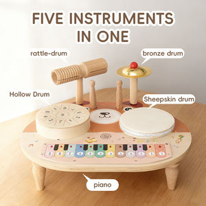 Qiaike Montessori Station musicale multifonctionnelle 5 en 1, kit de batterie pour bébé, instruments de <span class=keywords><strong>musique</strong></span> en bois, jouets avec tambours, cymbales, piano - Product Image 3