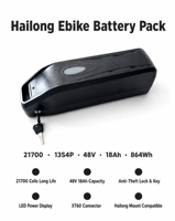 Pack de batterie pour vélo électrique Hailong 48V 18Ah 21700 13S4P 864Wh Batterie lithium-ion avec connecteur XT60 pour vélo électrique