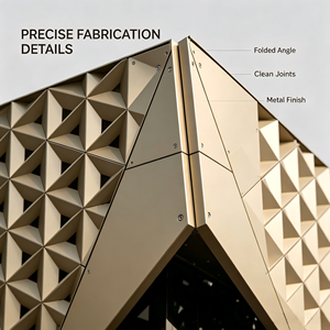 Système de façade murale en aluminium doré, revêtement extérieur géométrique pour bâtiment culturel, espace public - Product Image 2