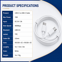 Câble USB C vers USB C 15W, charge rapide 3A, cordon de données USB 2.0 480 Mbps, TPE, vente en gros, fabricant OEM