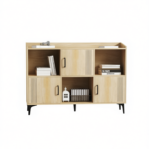 Sideboard <b>Storage</b> Bookcase With 3 Slat Doors And <b>Open</b> Compartments For Living Room Oak Wood Modern Design - Product Image 1