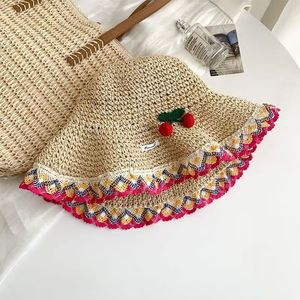 Cherry Ribbon <b>Straw</b> <b>Hat</b> Wide Brim Foldable Sun Protection Beach Vacation <b>Hat</b> For Women Fresh Sweet Style Summer Sunshade - Product Image 2