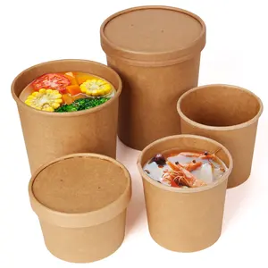 Printed Paper Cups Custom Printed Disposable Take Away Hot Soup Bowls Kraft Paper Soup Cup With Paper Lid