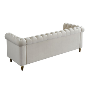 Modern 3-Seater Beige Velvet <b>Sofa</b> Comfortable Button Tufted Rolled Arms Square Shape Wooden <b>Legs</b> for Living Room Hotels Villas - Product Image 4