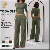 Pantalon large à plis avant sur mesure et chemise courte ajustée à manches courtes, ensemble de survêtement athleisure élégant pour femme en tissu extensible quadridirectionnel