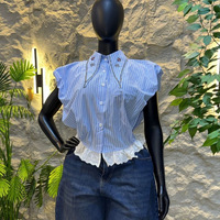 Chemise à manches courtes pour femme, nouvelle tendance mode été 2026, style européen et américain, avec design à rayures et perles, et détails de couture originaux
