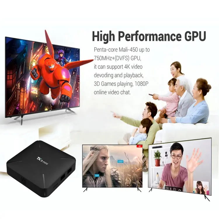 Amlogic S905W up to 2.0 GHz, Quad core ARM Cortex-A53 GPU:Penta Core Mali-450 750MHz Android OTT IPTV Box