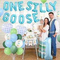 Lot de 46 pièces bleu rose pour fête de révélation du sexe, comprenant un ensemble de ballons lettres « Silly Goose » pour la décoration de la fête du 1er anniversaire de bébé