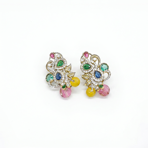 Boucles d'oreilles plaquées or Mehandi à motifs floraux 11221, serties de zirconiums cubiques et de zircons colorés, pour mariage et fêtes. - Product Image 1