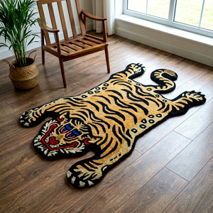 Alfombra de área con forma de tigre hecha a mano, de lana y acrílico, con estampado animal, base de goma antideslizante, estilo bohemio para sala de estar - Product Image 1
