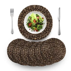 Wholesale New Style Rattan Placemats Circle Woven Placemats Black Water Hyacinth Straw Braided Table Placemat