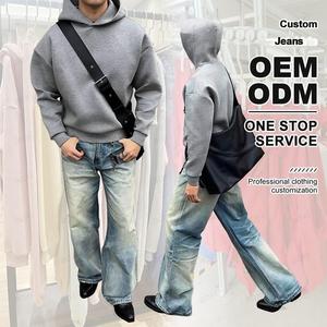 <span class=keywords><strong>Pantalones</strong></span> Vaqueros de Mezclilla con Logotipo Personalizado para Hombre, Estilo Retro, Desgastado, con Dobladillo Crudo, Corte Recto, Hip Hop, Lavado Enzimático, Impresión de Alta Calidad y Bordado - Product Image 4