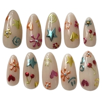 Uñas Postizas Coloridas en 3D con Diseño de Estrella y Flores, Forma de Almendra, Acabado Metálico, Pintadas a Mano, Reutilizables para Mujer