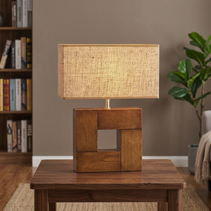 Modern Simple Wooden <b>LED</b> Table Lamp Geometric Bedside Floor <b>Light</b> E26 AC <b>Wire</b> Fabric Lampshade Warm White Bedroom Living Room - Product Image 2
