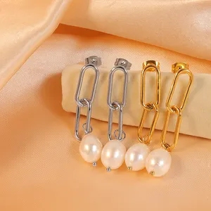 镀金饰品时尚饰品耳环回形针链耳钉珍珠耳环防水淡水珍珠耳环