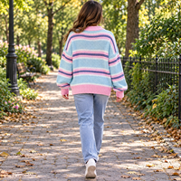 Pull en tricot surdimensionné à col polo et épaules tombantes pour femme, en mélange acrylique personnalisé, à rayures pastel, pour l'hiver