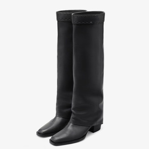 Women Top Sewing Line Knee High Boots Overlay on Long Booties Ladies Western Style Chunky Heels Pants <b>Shoes</b> - Product Image 2