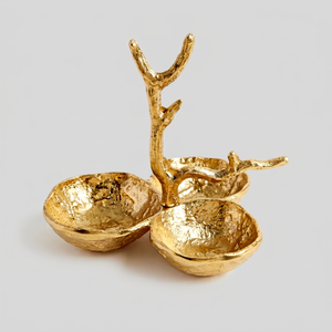 Plato para Aperitivos de Metal Dorado con 3 Compartimentos y Asa en Forma de Rama, Moderno y Lujoso, para Frutas, Dulces, Vajilla de Hotel - Product Image 1