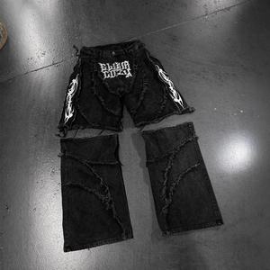 Jeans Anchos Negros Desgastados con Bordado para Hombre, Pantalones Vaqueros de Estilo Gótico Extra Grandes con Flecos y Detalles Gráficos - Product Image 5