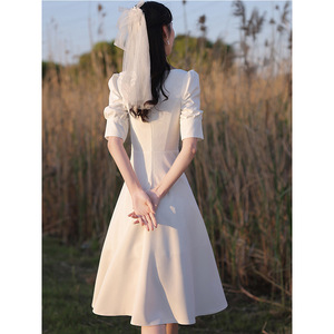 Vestido blanco para registro de matrimonio, mujeres de estatura pequeña, ceremonia de compromiso, vestido de novia, elegante vestido blanco para verano. - Product Image 4