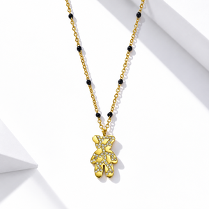 จี้หมีคริสตัลพร้อมสร้อยคอสแตนเลสชุบทอง 14K แบบสุญญากาศ ประดับด้วยลูกปัดสีดำ - Product Image 1