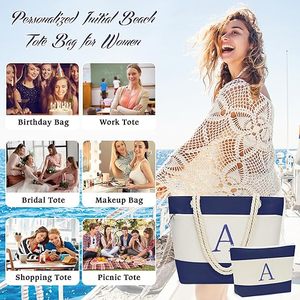 Sac de voyage en toile personnalisé avec logo initial, sac de plage, cadeaux d'anniversaire, sac fourre-tout avec trousse de maquillage - Product Image 5