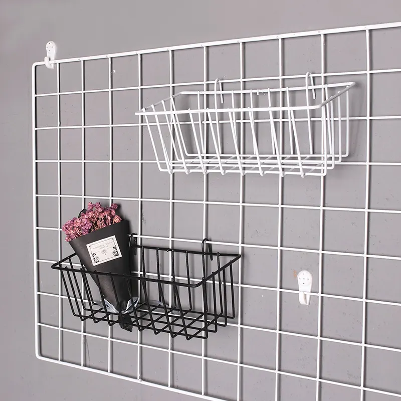 Simple modern rectangle Black White Metal Wire Wall grid rack Mounted Hanging Storage Basket