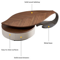 Table basse en bois au design unique, forme de feuille spéciale, moderne et créative, avec placage en noyer et structure en métal