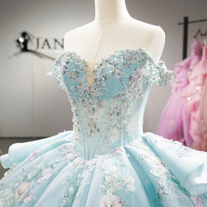 Vestido de Gala Azul Cielo 1514 con Bordado Floral, Apliques de Organza, Largo hasta el Suelo, Ecológico, Elegante Vestido de Quinceañera - Product Image 5