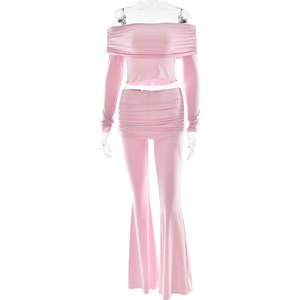 Ensemble deux pièces pour femmes, haut à épaules dénudées, pantalon évasé, couleur unie, tricoté en polyester, costume décontracté FDL1445 - Product Image 5