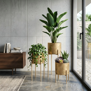 Ensemble de jardinières sur pied <span class=keywords><strong>en</strong></span> fer doré écologique de haute qualité, <span class=keywords><strong>pot</strong></span> de fleurs <span class=keywords><strong>en</strong></span> métal à feuilles gaufrées, moderne, décoratif pour plantes d'intérieur 3-6L - Product Image 4