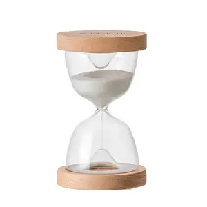 flowing sand art light hourglass 15mins bath glass sand timer led hourglass with round wooden base