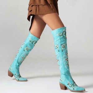 Women Floral Embroidered Over Knee High Boots Ladies Low 6cm Wedge Heels <b>Shoes</b> Pointed Toe Flower Long Booties - Product Image 5