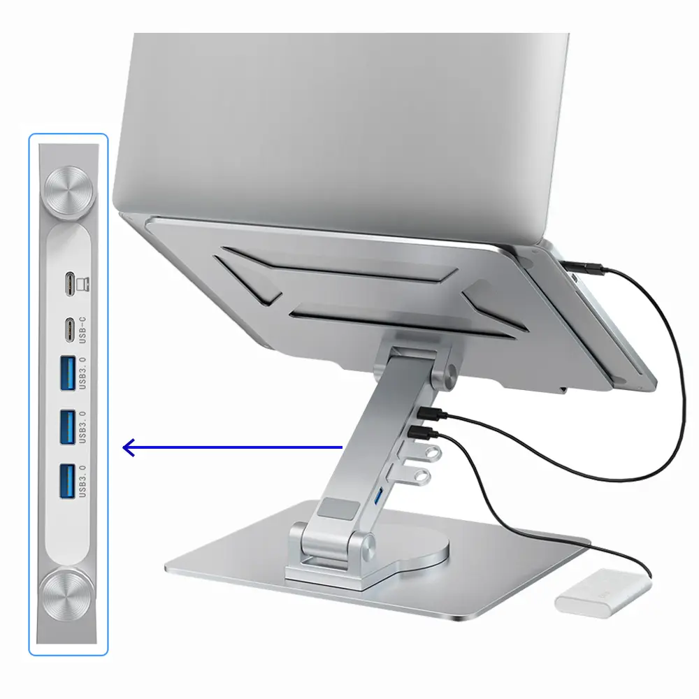 Support de base de support de bureau en métal pour ordinateur portable rotatif support USB pour ordinateur portable pliable avec concentrateur pour ordinateur portable en aluminium