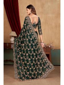 Sari de créateur Abhi de haute qualité en satin Fandy, brodé à la main avec des perles, avec chemisier de luxe inclus pour femme - Product Image 3