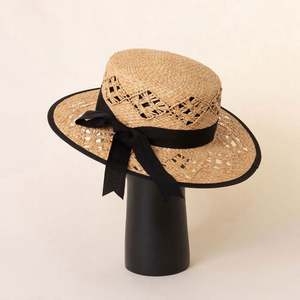 Sombrero de Paja Rafia Hecho a Mano, Estilo Europeo Americano, Primavera-Verano, con Copa Plana, Decoración de Lazo Hueco, Casual - Product Image 3