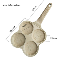 Poêle à frire multifonctionnelle antiadhésive en métal à 4 trous, revêtement marbré double couche, manche en bois/bakélite, design dessin animé pour le petit-déjeuner