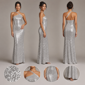 <span class=keywords><strong>Robe</strong></span> longue sirène asymétrique à sequins argentés, dos nu, extensible, pour soirée formelle, mariage, bal de promo, pour femme - Product Image 1