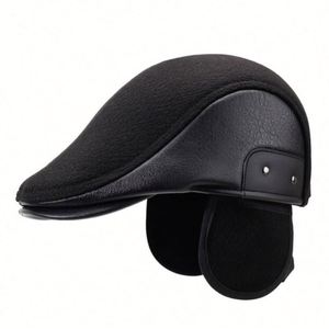 Nouvelle Collection Hiver 2025 – Béret Plat Unisexe pour Personnes Âgées, Chaud et Portable, avec Cache-Oreilles, en PU et Soie, pour Hommes - Product Image 1